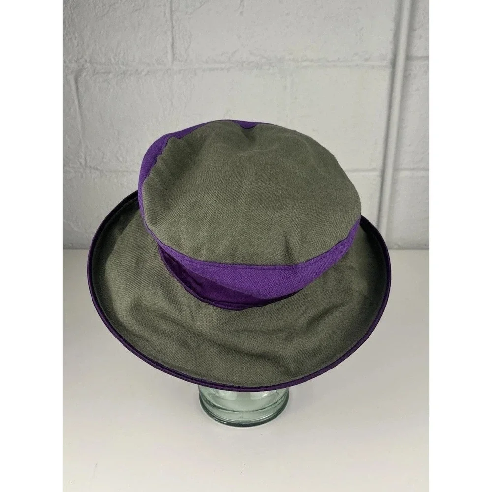 Vtg Hattitude NYC Womens Hat Cloche Raised Bucket Olive Green Purple Boho 90s